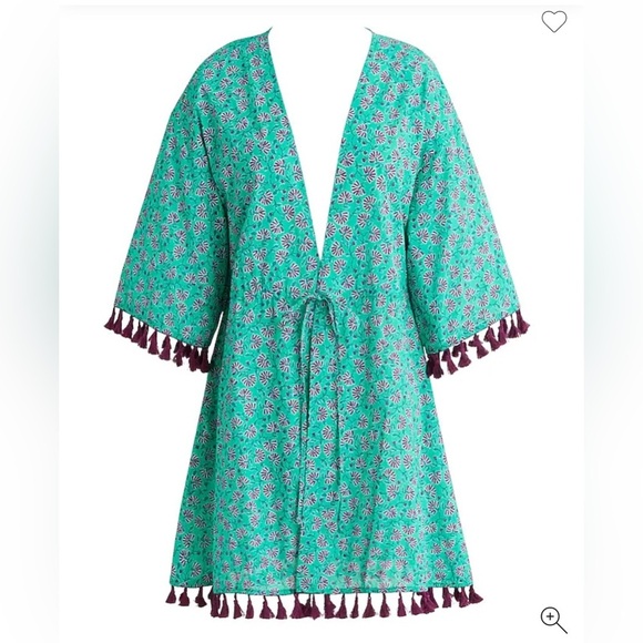 J Crew Cover Up Tie Front Turquoise Purple Floral Print Organic Cotton Tassel SM - Picture 4 of 6